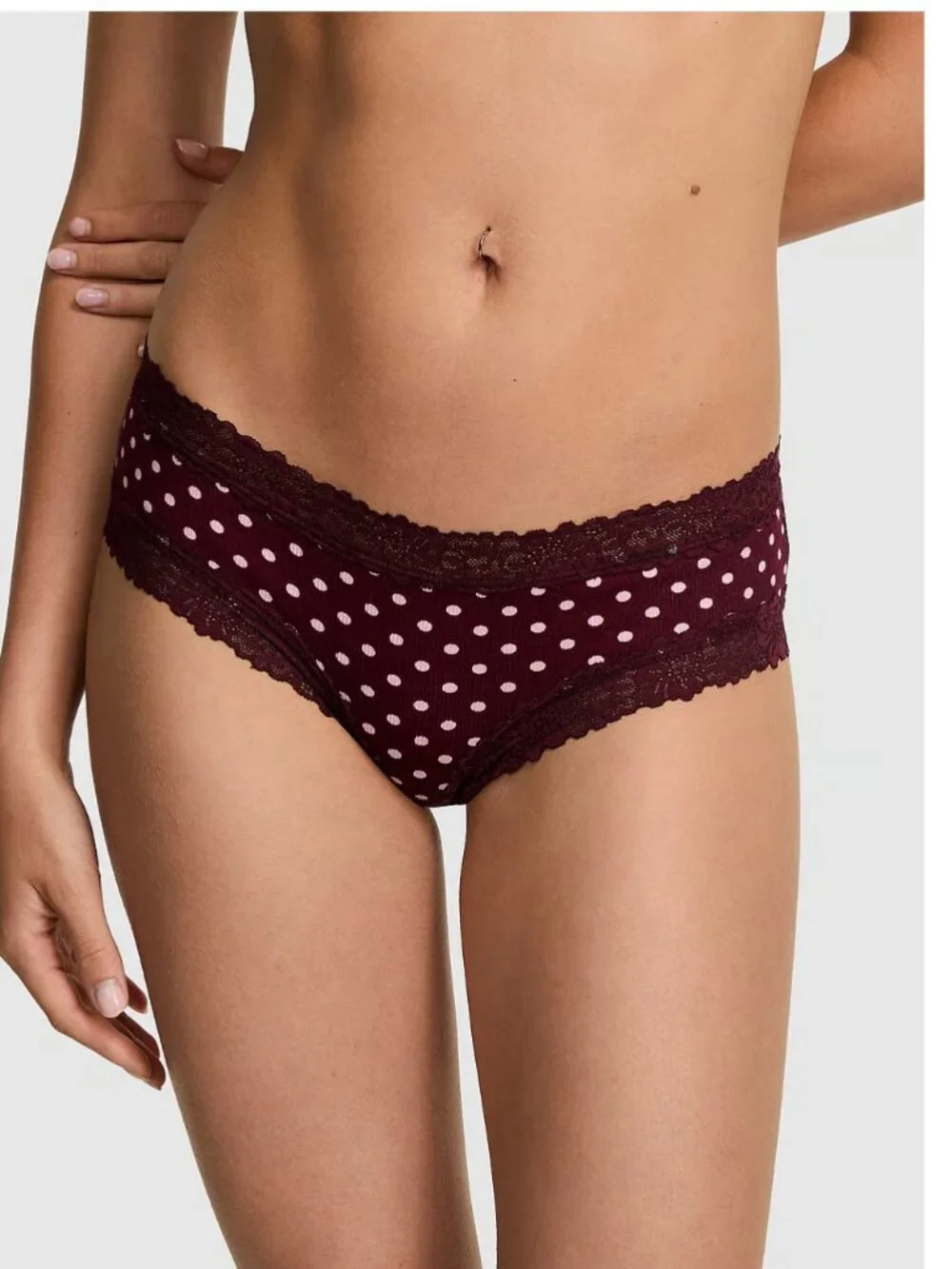 Victoria's Secret PINK WINK LACE-TRIM CHEEKY PANTY Polka Dots Burgundy (M) NWT!